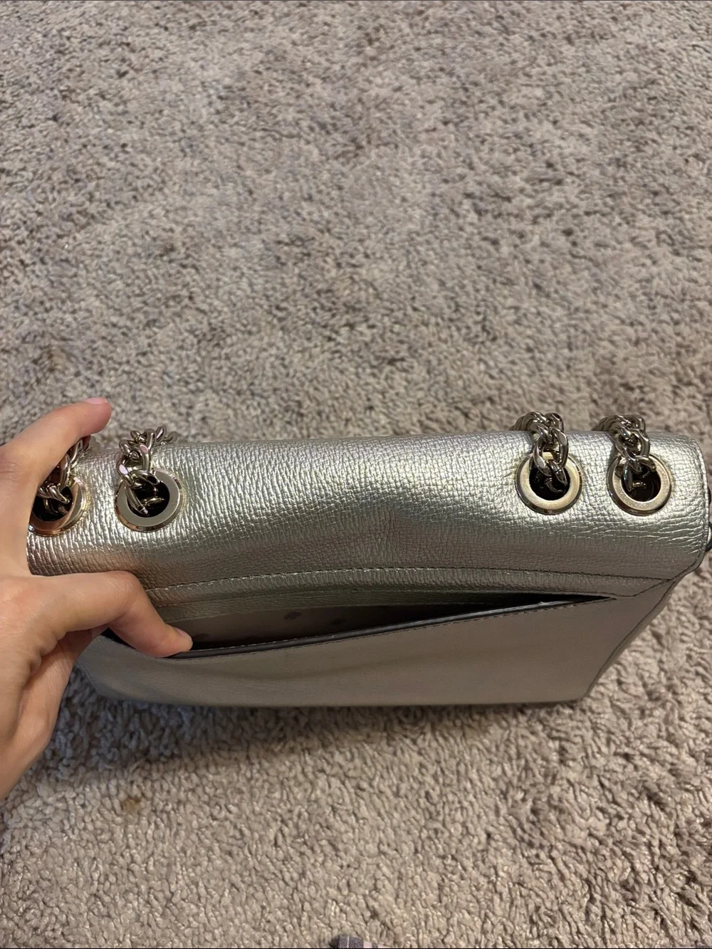 kate spade Metallic Silver Pebbled Leather Chain Shoulder Bag